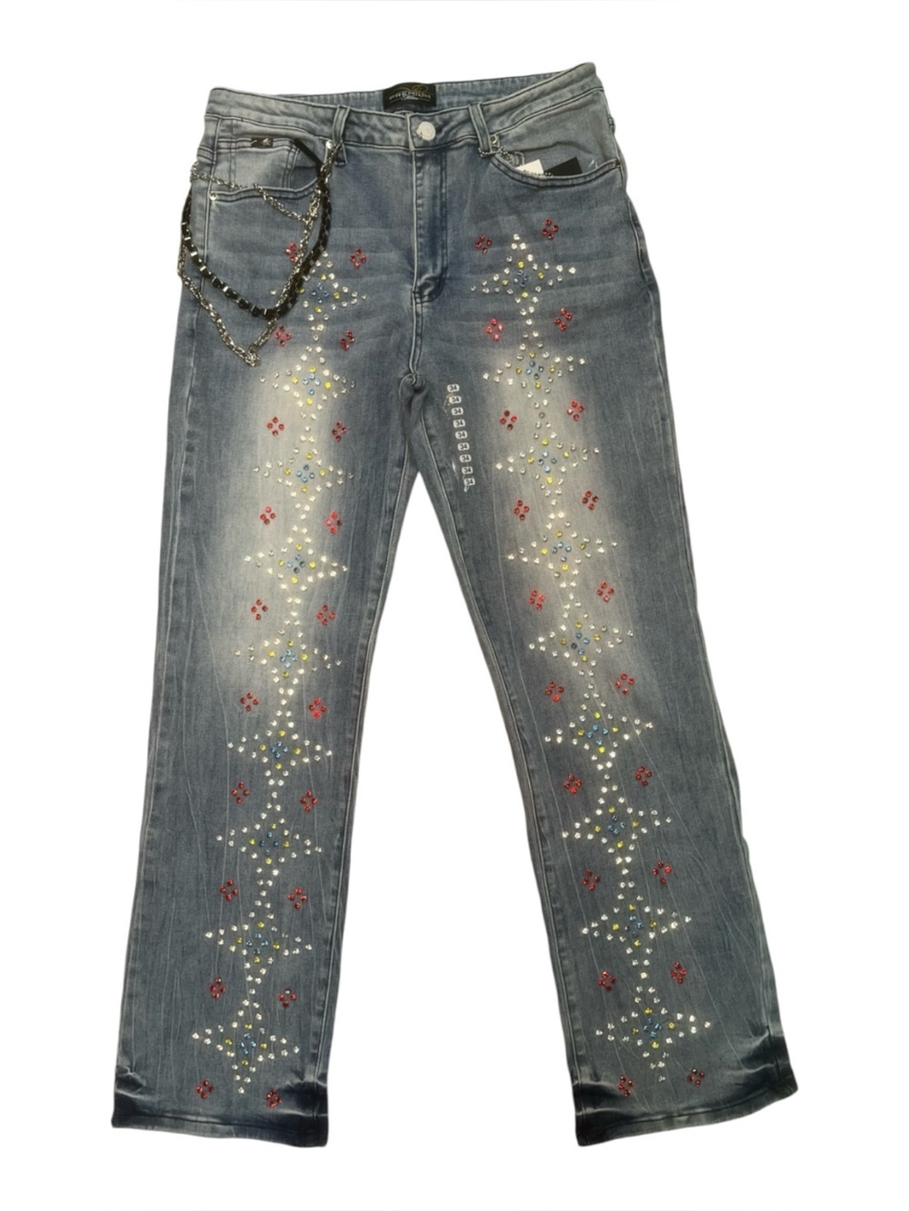 Sz 34 Men's Light Wash Blue Straight Jeans with Embellished Back Pockets